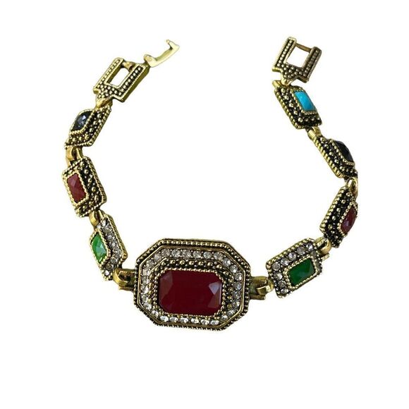 Costume jewelry colorful rectangular shape design gold tone  bracelet - Picture 1 of 10